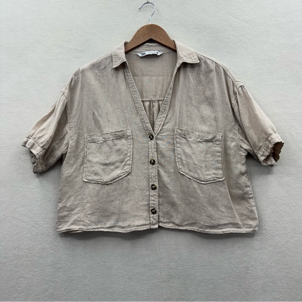ZARA Women’s Small Linen Cropped Button Down Shirt Beige Short Sleeve